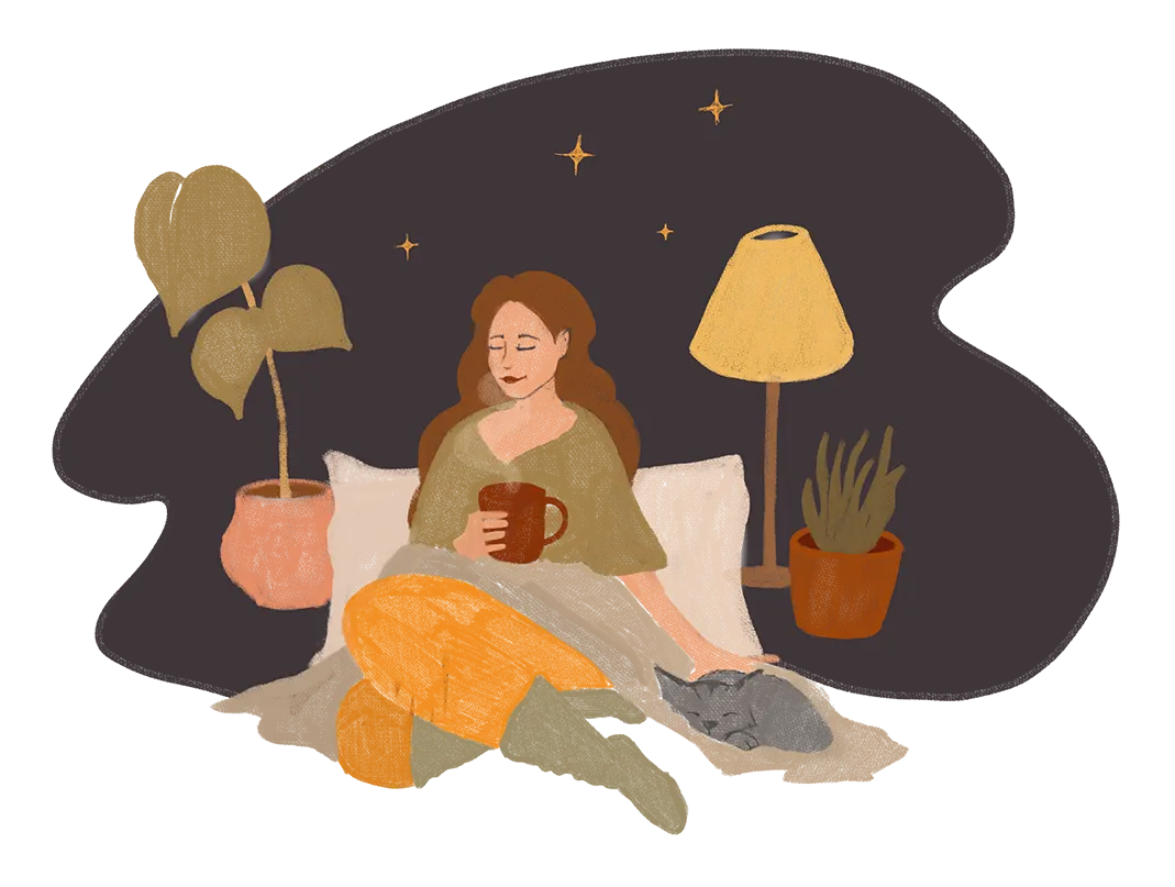 Illustration - beim Entschleunigen mit Tee und Katze